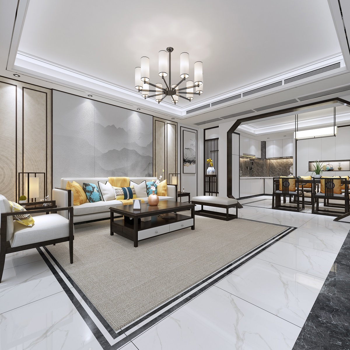 佛山市保利雲上新中式風格三居室裝修案例